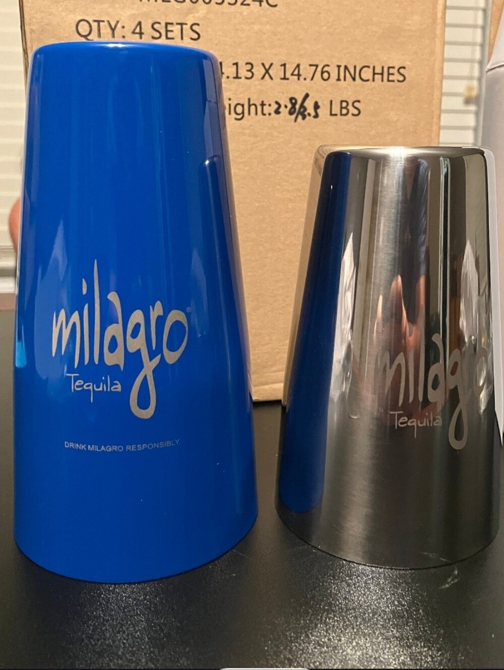 New Milagro Tequila Blue and Silver Cocktail Stainless Steel Shaker Set